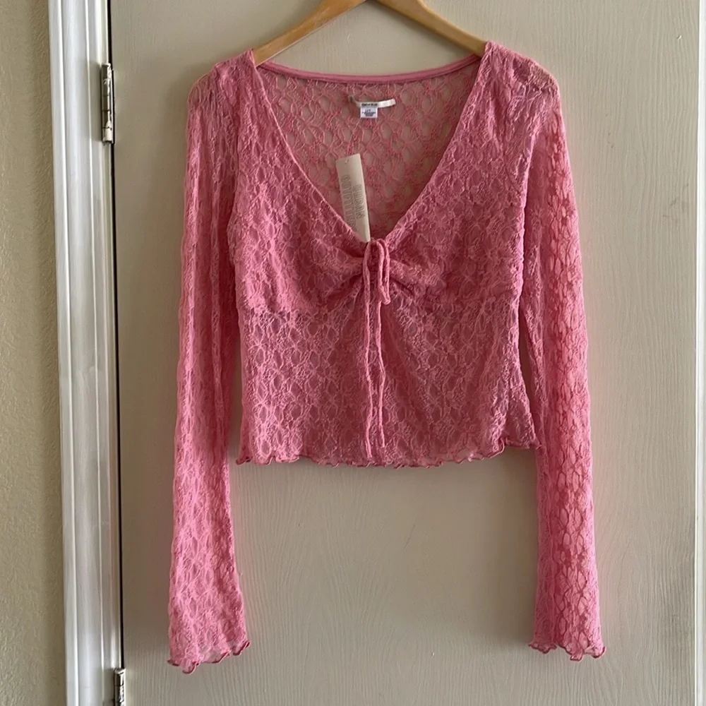 NWT Urban Outfitters Kimchi Blue Pink Mesh Lace LongSleeve Blouse